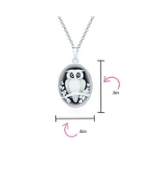 Bling Jewelry Black Carved Oval Branch Small Owl Cameo Pendant Necklace For Women .925 Sterling Silver