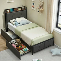 gaomon Twin/Full/Queen/King Size Bed Frame With 2 Storage Drawers And Charging Station, Rustic Linen Upholstered Platform Bedframe With Storage Headbo