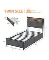 gaomon Bed Frame With Storage Headboard And 2 Drawers, Linen Upholstered Platform Bed Frame With Charging Station, Heavy Duty, No Box Spring Needed