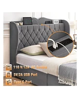 gaomon Bed Frame With Charging Station And 4 Storage Drawers, Velvet Upholstered Tall Tufted Wingback Headboard And Storage Shelf