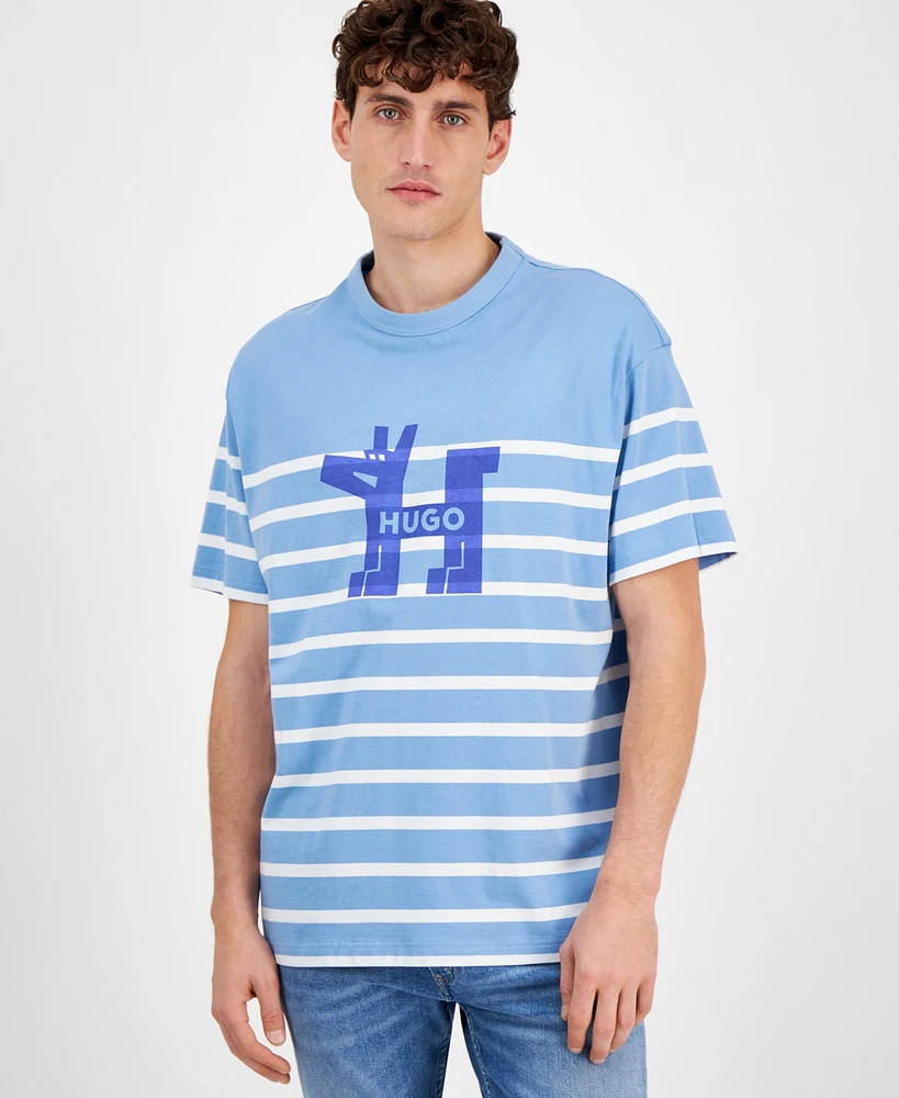 Hugo Boss Men's Relaxed Fit Short Sleeve Striped Crewneck Logo T-Shirt