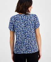 Ak Anne Klein Petite Gathered-Tulip Short-Sleeve Printed Top