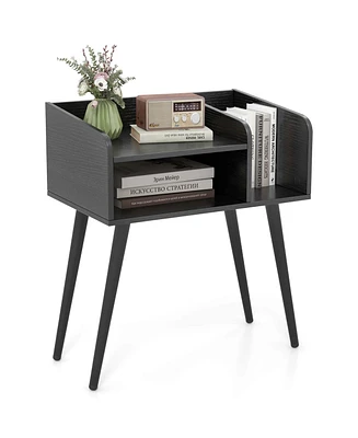 Costway Mid Century Modern End Table with Open Shelves Metal Support Legs for Bedroom