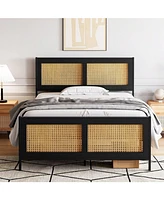 gaomon Twin/Full/Queen/King Size Bed Frame With Rattan Headboard And Footboard Rattan Platform Bed Frame, Mattress Foundation, Noise-Free, No Box Spri
