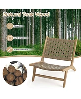 Costway Modern Teak Wood Lounge Chair with Nylon Woven Backrest & Seat Comfy Reading Chair