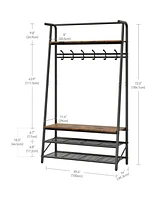 gaomon Industrial Rustic 4-in-1 Hall Tree Bench with Shoe Rack, Storage Shelf, and 5 C-Shaped Hooks in Brown & Black
