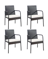 Gymax Set of 4 Rattan Wicker Dining Chairs Patio Outdoor w/ Cushion Armrest