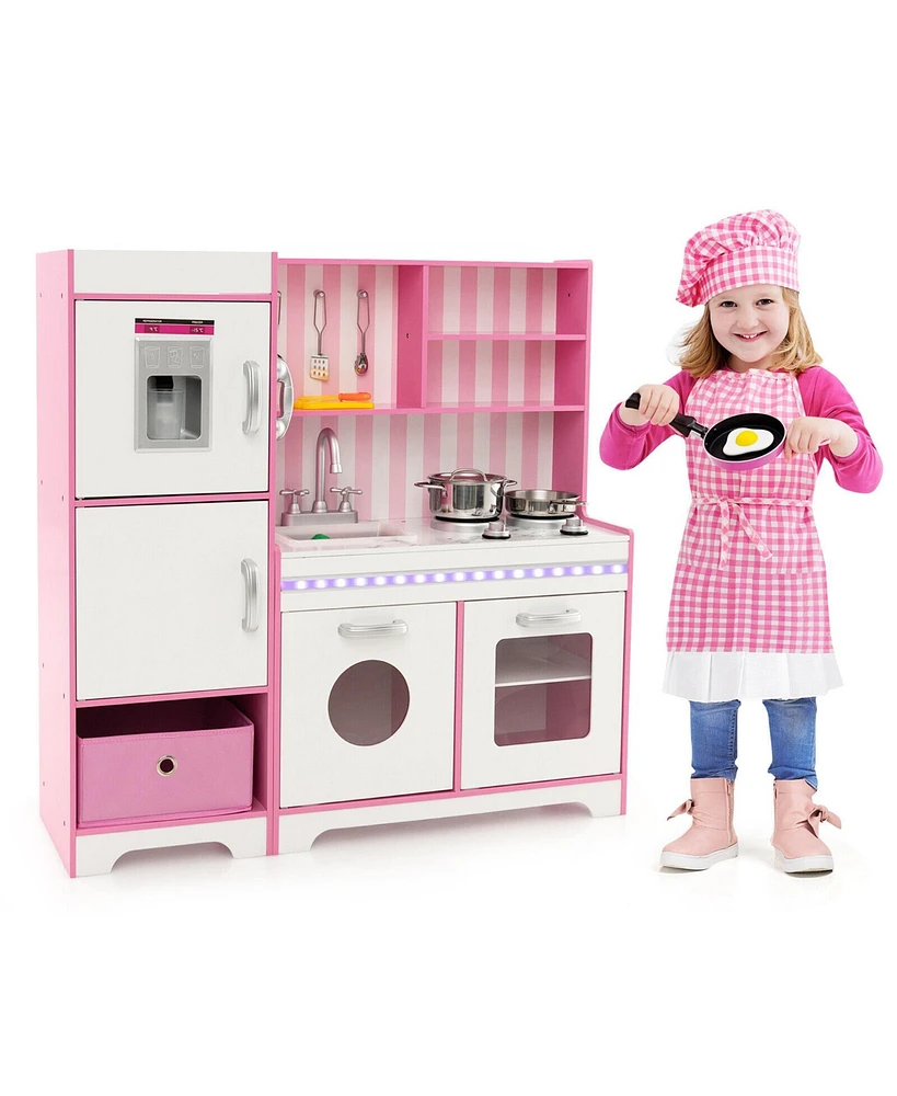 Gymax Kids Kitchen Playset Wooden Toy with Adjustable Led Lights & Washing Machine