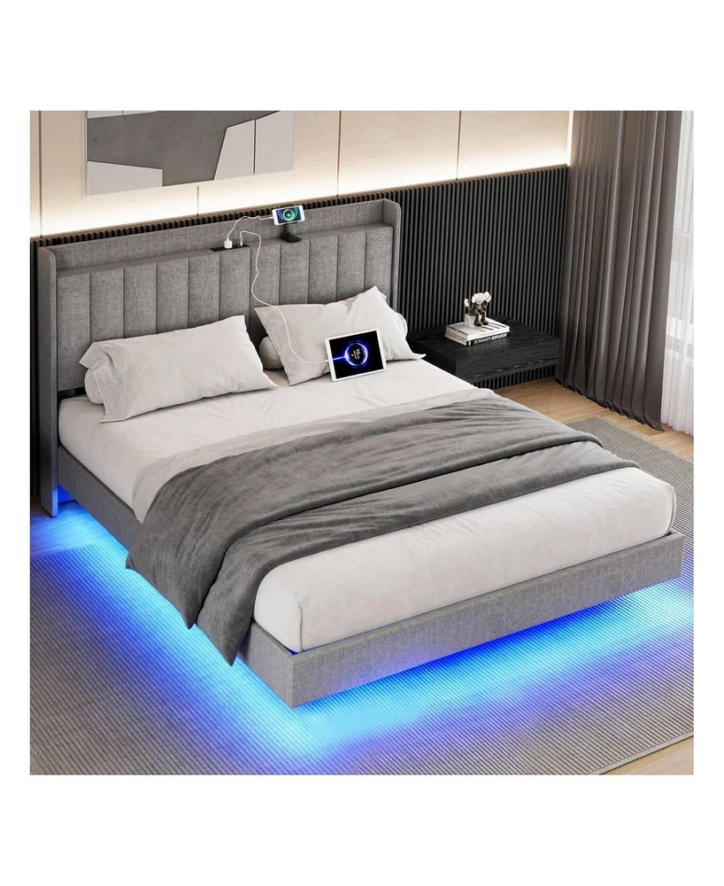 gaomon Full/Queen/King Size Floating Bed Frame With Charging Station & Storage Headboard, Upholstered Platform Bed Frame With Led Lights, Solid Wood S