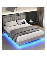 gaomon Full/Queen/King Size Floating Bed Frame With Charging Station & Storage Headboard, Upholstered Platform Bed Frame With Led Lights