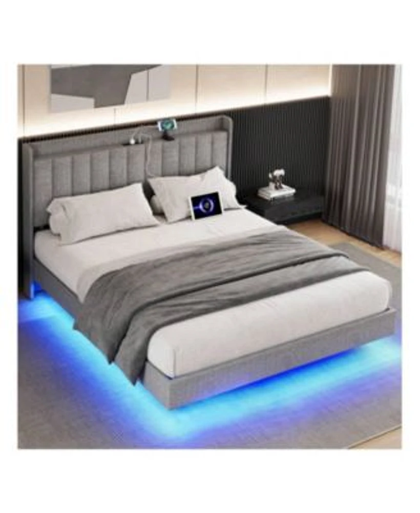 Gaomon Full Queen King Size Floating Bed Frame With Charging Station Storage Headboard Upholstered Platform Bed Frame With Led Lights Solid Wood Slats