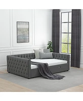 Slickblue Velvet Upholstered Daybed with Trundle - Tufted Full Sofa Bed for Bedroom or Guest Room