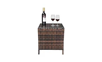Slickblue Brown Gradient Iron Frame Rattan Side Table with Glass Surface - Elegant Design