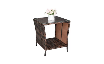 Slickblue Brown Gradient Iron Frame Rattan Side Table with Glass Surface - Elegant Design