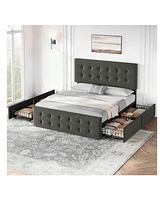 Bed Frame,With 4 Storage Drawers And Headboard, Linen Upholstered Platform Frame With Wooden Slats Support, Button Tufted Design