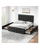 gaomon Bed Frame,With 4 Storage Drawers And Headboard, Linen Upholstered Platform Frame With Wooden Slats Support, Button Tufted Design, No Box Sp