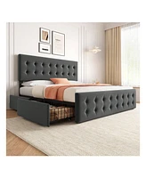 Bed Frame,With 4 Storage Drawers And Headboard, Linen Upholstered Platform Frame With Wooden Slats Support, Button Tufted Design