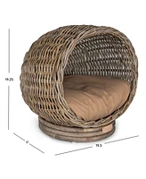 The Licker Store Socket Dome 19.5" x 17" Bohemian Handwoven Rattan Cat Bed with Machine-Washable Cushion