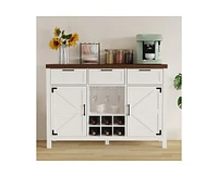 gaomon Wine Bar Cabinet, Coffee Bar Cabinet with Wine Rack & Glass Holder, Farmhouse Sideboard Buffet Cabinet with 3 Drawers & 2 Barn Doors