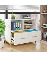 Tribesigns Lateral File Cabinet with Drawer and Adjustable Hanging Rod for Letter/Letter/A4 Size Files, 35.4" Wood Modern Printer Stand with Open Stor
