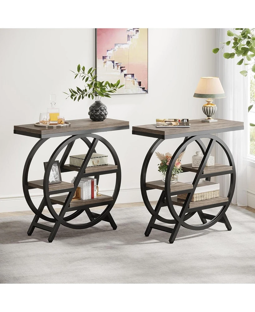 Tribesigns End Table Set of 2, 3-Tier Narrow End & Side Table with Storage and with Geometric Metal Frame, Industrial Nightstand and Bedside Table