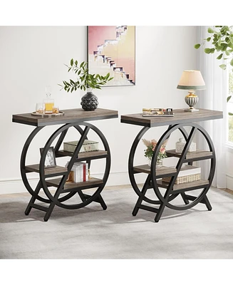 Tribesigns End Table Set of 2, 3-Tier Narrow End & Side Table with Storage and with Geometric Metal Frame, Industrial Nightstand and Bedside Table