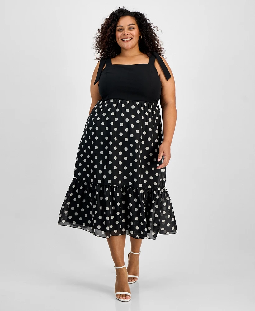 Anne Klein Plus Tie-Strap Polka-Dot Midi Dress