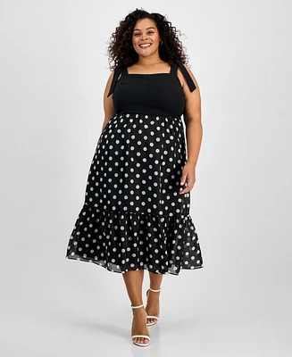 Anne Klein Plus Tie-Strap Polka-Dot Midi Dress