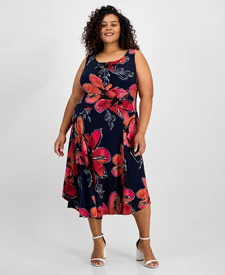 Robbie Bee Plus Floral-Print Cowlneck Midi Dress