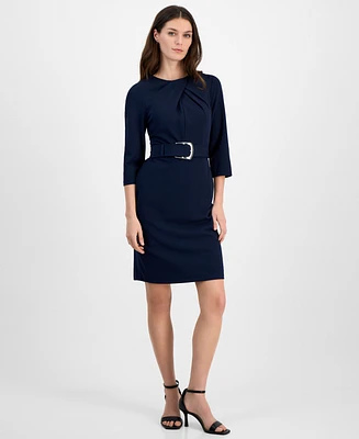 Tahari Petite Belted Twist-Neck 3/4-Sleeve Dress