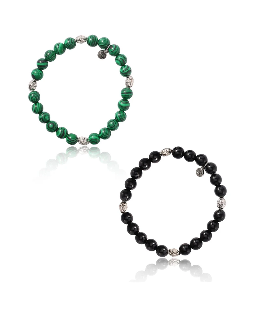 Lucky Brand Black and Green Beaded Stretch Bracelets - Two-Piece Natural Stone Set for Men