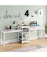 Tribesigns Extra Long Double Computer Desk with Storage Shelves and Printer Shelf, Large Office Desk Study Writing Table for Home Office, White