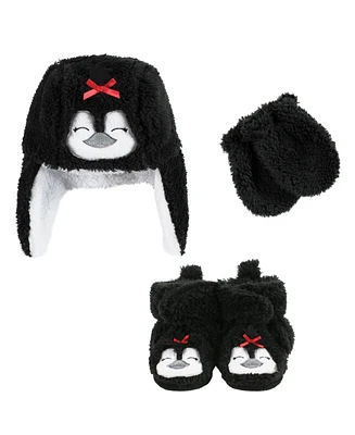 Hudson Baby Baby Girls Hudson Trapper Hat, Mitten and Bootie Set Penguin, 0-6 Months