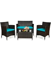 Sugift 4 Pieces Patio Rattan Sofa Set with Chairs and Glass Coffee Table