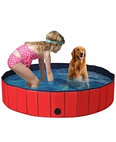Sugift 63 Inch Foldable Leakproof Dog Pet Pool Bathing Tub Kiddie Pool for Dogs Cats and Kids-Red