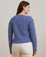 Lauren Ralph Plus Striped Cotton Jersey Boatneck Top