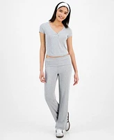 Ultra Flirt Juniors Ribbed Cropped Henley Top Flare Pants