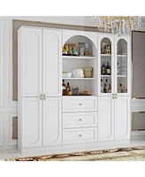 Famapy White Tall Storage Cabinet with Glass Doors & Arch Pattern, Modern Wooden Pantry with Cabinet Doors