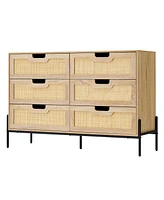 gaomon 6 Drawers Dresser for Bedroom, Natural Rattan Drawer with Spacious Storage, Wood Chest of Drawers with Metal Legs Black