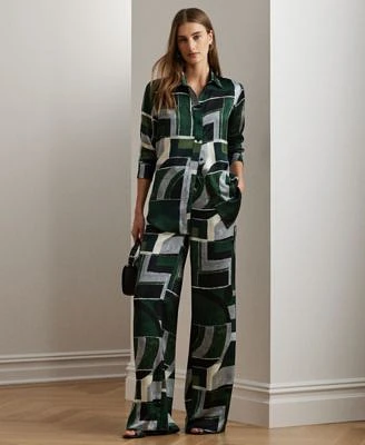 Lauren Ralph Lauren Womens Geo Print Charmeuse Shirt Wide Leg Pants