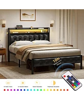 Hausource Full Size Bed Frame with Storage Headboard & Charging Station Platform Bed No Box Spring Needed