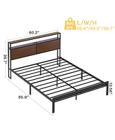 Hausource Queen/Full Size Bed Frame w/Storage Headboard Charging Station Led Light No Box Spring Needed, Queen