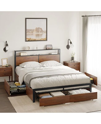 Hausource Full Size Bed Frame with Storage Headboard & Charging Station & 4 Drawers Platform Bed