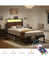 Hausource King/Twin Size Bed Frame with Storage Headboard & Charging Station No Box Spring Needed