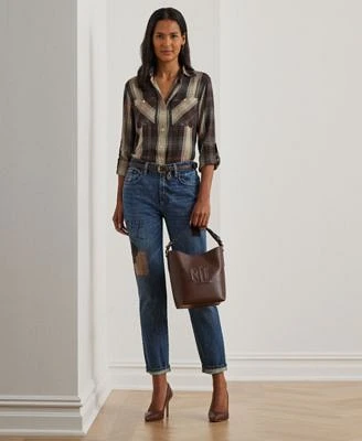 Lauren Ralph Lauren Womens Plaid Roll Tab Sleeve Shirt Patchwork Boyfriend Jeans