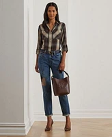 Lauren Ralph Lauren Womens Plaid Roll Tab Sleeve Shirt Patchwork Boyfriend Jeans