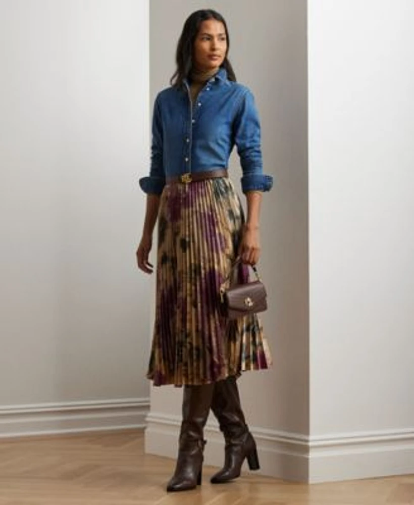 Lauren Ralph Lauren Womens Straight Fit Denim Shirt Pleated Midi Skirt
