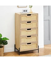gaomon Modern Rattan 5 Drawers Dresser, Double Dresser for Bedroom, Chest of Drawers Closet Organizers and Storage Clothes