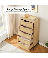 gaomon Modern Rattan 5 Drawers Dresser, Double Dresser for Bedroom, Chest of Drawers Closet Organizers and Storage Clothes