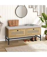 gaomon Rattan Shoe Bench Entryway Bench with Storage Drawer, Wooden Storage Bench with Linen Seat Cushion